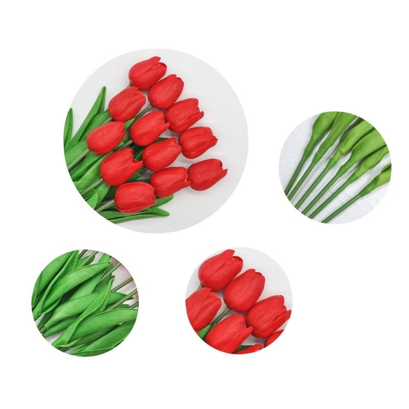 SHINE-CO LIGHTING Artificial Tulips 10Pcs Real Touch Fake Tulips PU Flower Arrangement Bouquets for Home Party Decoration (Red) - Image 3
