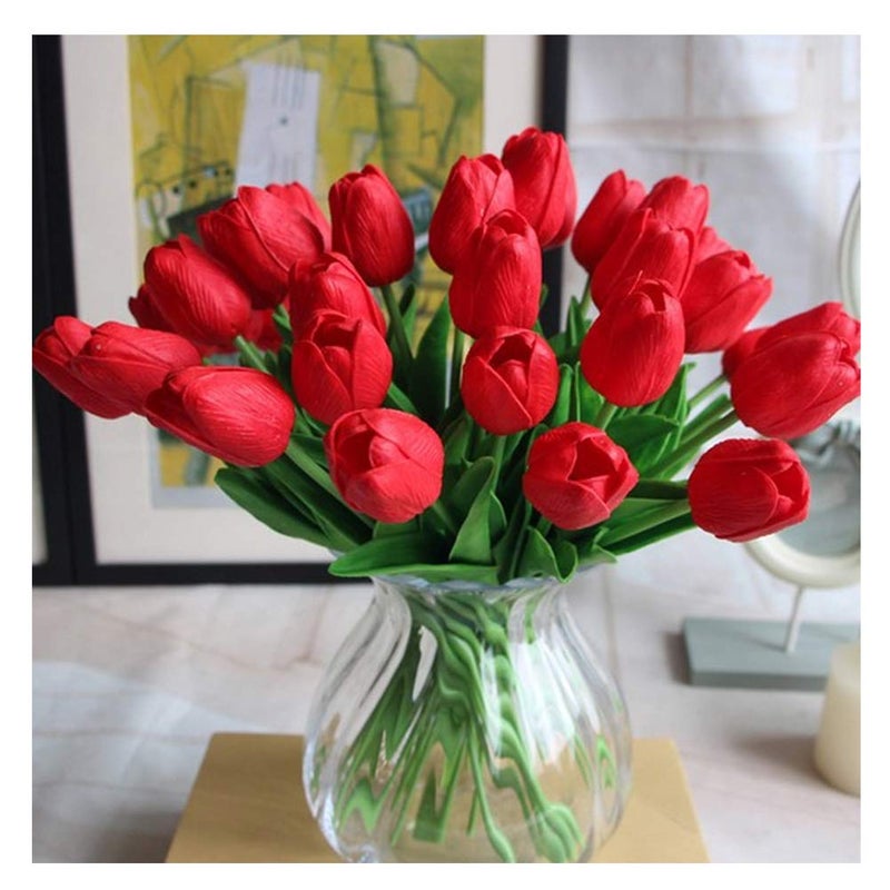 SHINE-CO LIGHTING Artificial Tulips 10Pcs Real Touch Fake Tulips PU Flower Arrangement Bouquets for Home Party Decoration (Red) - Image 1