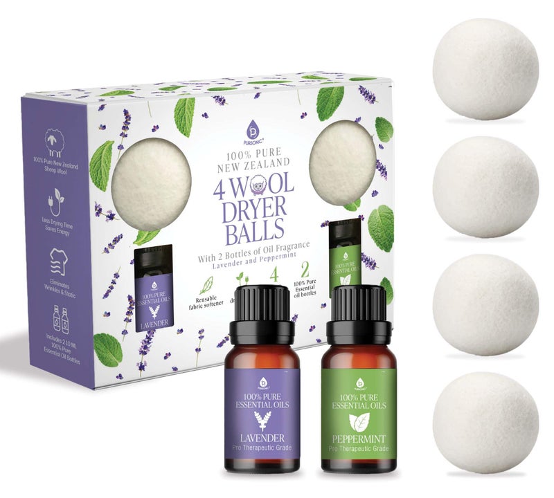 Pursonic 4-Pack Laundry Wool Dryer Balls with Lavender & Peppermint Essential Oil Scent - Reusable Fabric Softener Balls Made from Pure New Zealand Wool - 2.75" Diameter - Image 1