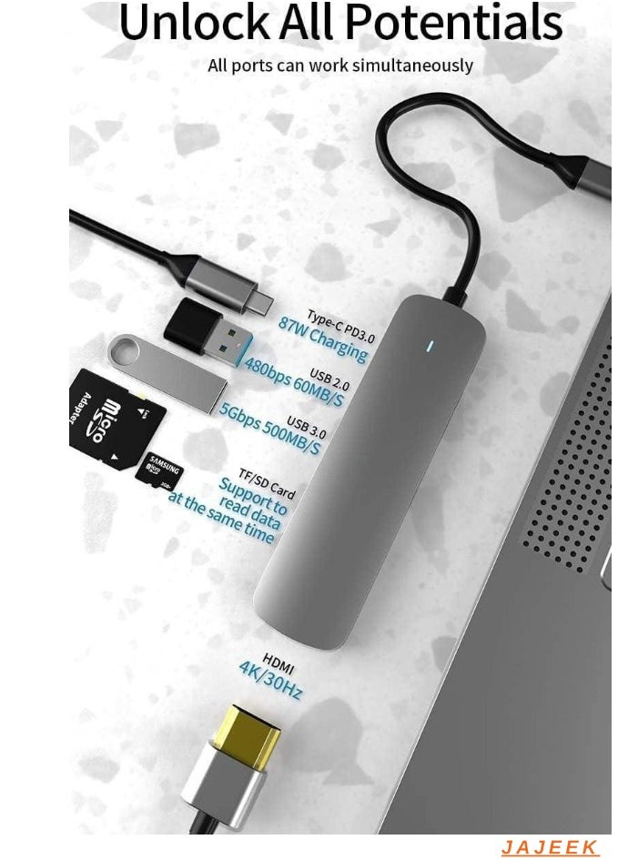 JAJEEK USB C Hub 6-in-1 Type C to HDMI 4K Adapter with 2 USB 3.0 Ports, SD/TF Card Reader, 100W USB-C Power Delivery, Aluminium, Compatible with MacBook Pro/Air, XPS, and More - Space Grey  - Image 2