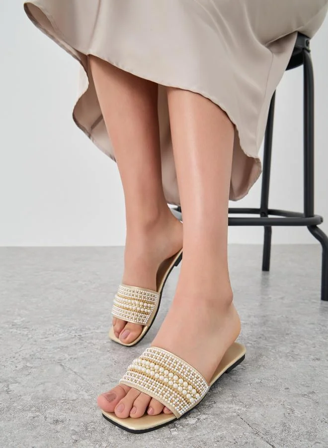 Take Two Styli Embellished Pearl Flat Sandals