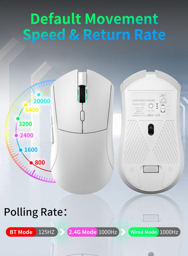 UCHUANG RS7 Lightweight Wireless Gaming Mouse,Tri-Mode(2.4G/USB-C Wired/Bluetooth),6 DPI Adjustable up to 20000,PAW3311 Optical Sensor,500mAh Long Battery,8 Buttons for PC/Laptop/Win/Mac(White) - Image 4