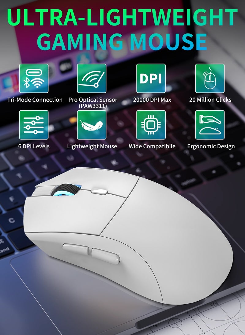 UCHUANG RS7 Lightweight Wireless Gaming Mouse,Tri-Mode(2.4G/USB-C Wired/Bluetooth),6 DPI Adjustable up to 20000,PAW3311 Optical Sensor,500mAh Long Battery,8 Buttons for PC/Laptop/Win/Mac(White) - Image 2