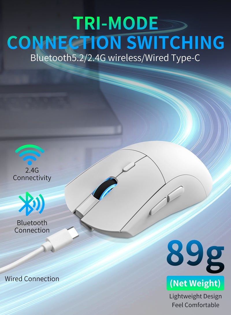 UCHUANG RS7 Lightweight Wireless Gaming Mouse,Tri-Mode(2.4G/USB-C Wired/Bluetooth),6 DPI Adjustable up to 20000,PAW3311 Optical Sensor,500mAh Long Battery,8 Buttons for PC/Laptop/Win/Mac(White) - Image 3