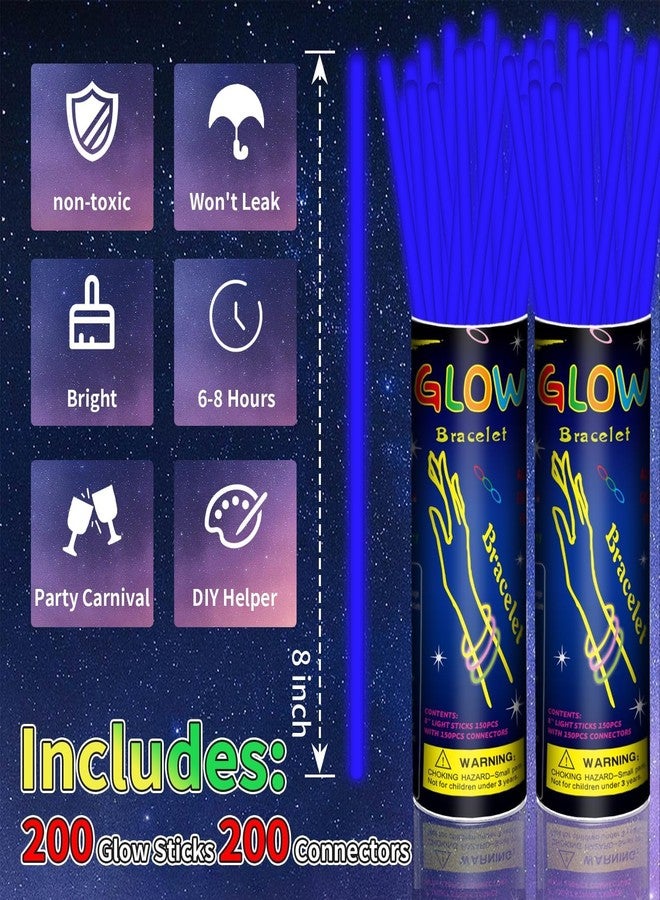 Taikula 200 Pack 8'' Glow Sticks Bulk Party Favors Blue Light Up Sticks with Connectors Neon Glow in the Dark Party Supplies Bracelets for Holiday Birthday Party Decoration(Blue) - Image 2