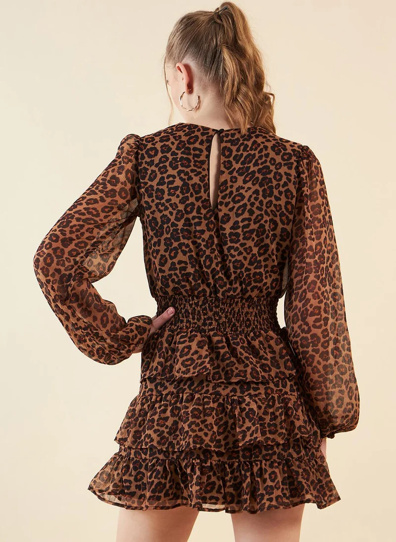 مرفوعة Women Fit and Flared Party Wear Animal Print Round Neck Tiered Dress