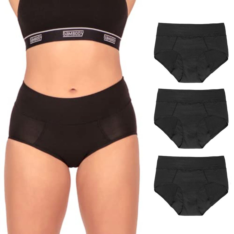 Bambody Period Underwear for Women Absorbent Maternity Postpartum Panties wSilky Smooth Breathable Fabric for Heavy Flow Menstrual Incontinence XXSmall 3 Pack Black