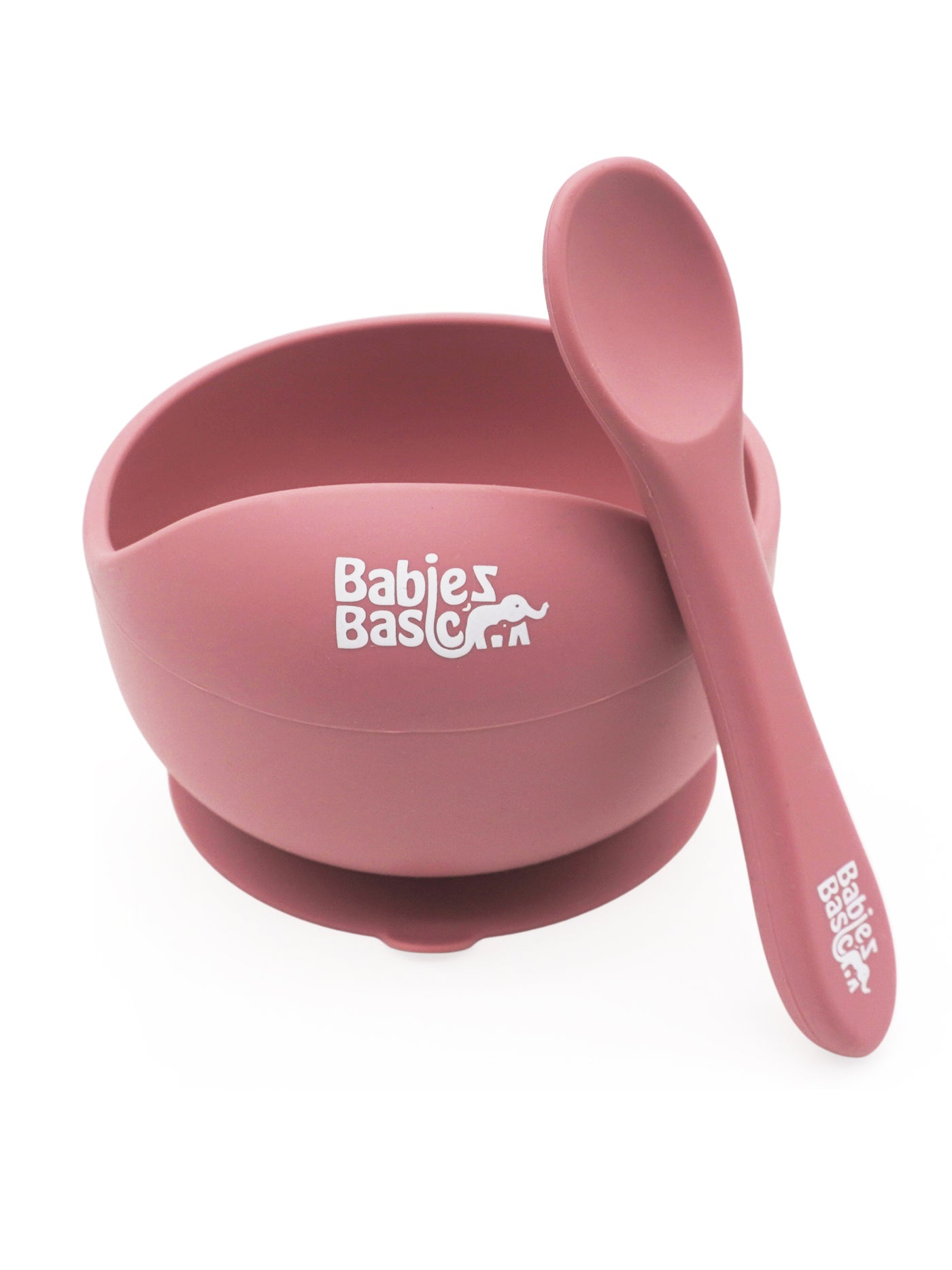 Babies Basic Feeding Set, 2 Piece Silicone Set with Silicone Suction Bowl and Silicone Spoon - Dusty Pink