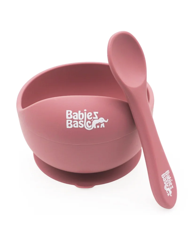 Babies Basic Babies Basic Feeding Set, 2 Piece Silicone Set with Silicone Suction Bowl and Silicone Spoon - Dusty Pink
