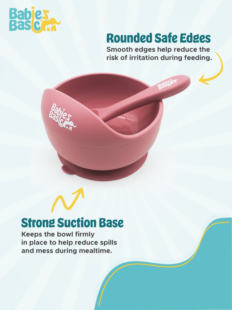 Babies Basic Feeding Set, 2 Piece Silicone Set with Silicone Suction Bowl and Silicone Spoon - Dusty Pink - Image 5