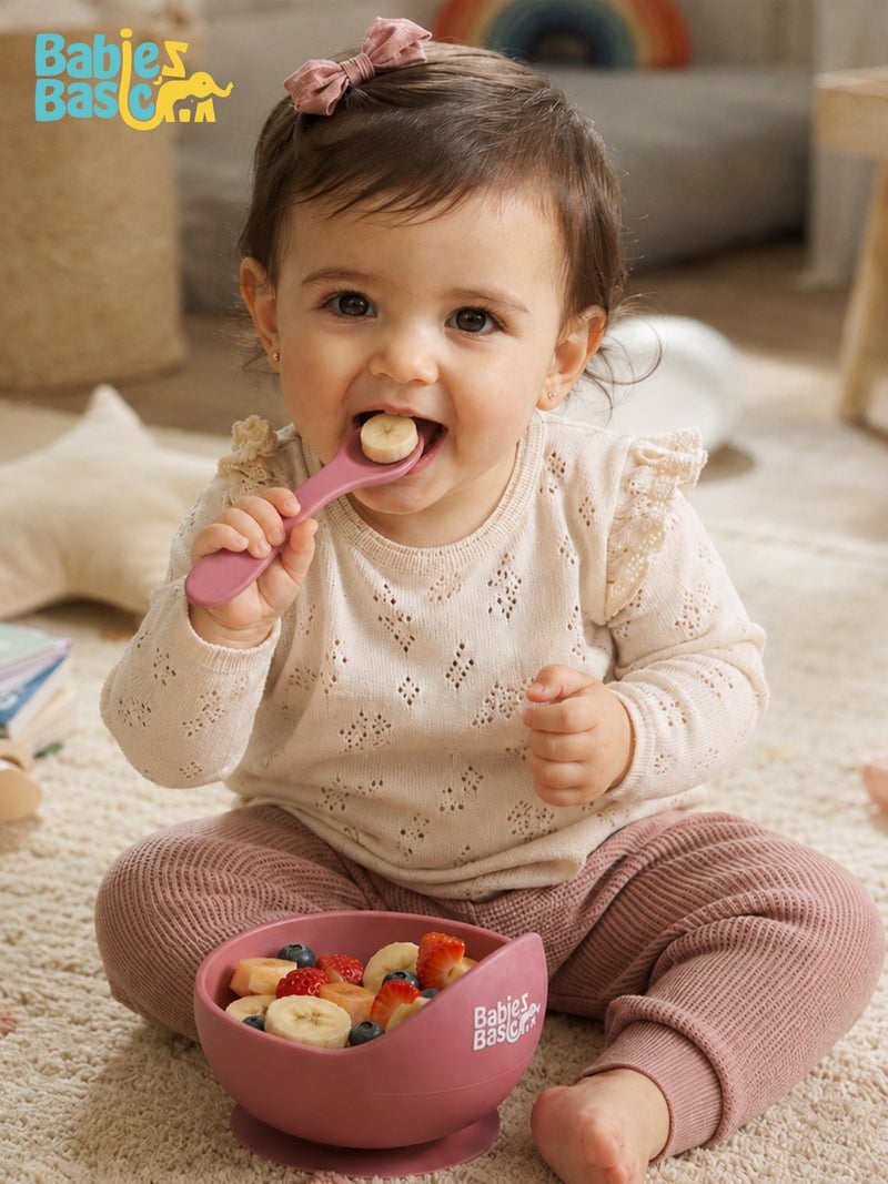 Babies Basic Feeding Set, 2 Piece Silicone Set with Silicone Suction Bowl and Silicone Spoon - Dusty Pink - Image 3