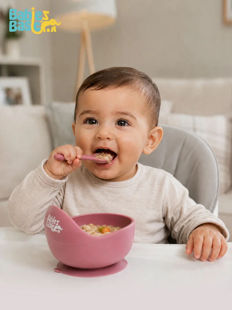 Babies Basic Babies Basic Feeding Set, 2 Piece Silicone Set with Silicone Suction Bowl and Silicone Spoon - Dusty Pink