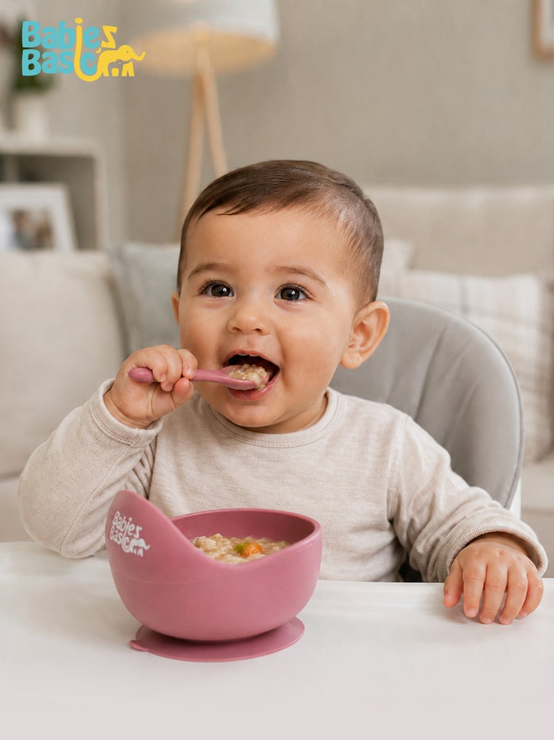 Babies Basic Feeding Set, 2 Piece Silicone Set with Silicone Suction Bowl and Silicone Spoon - Dusty Pink - Image 2