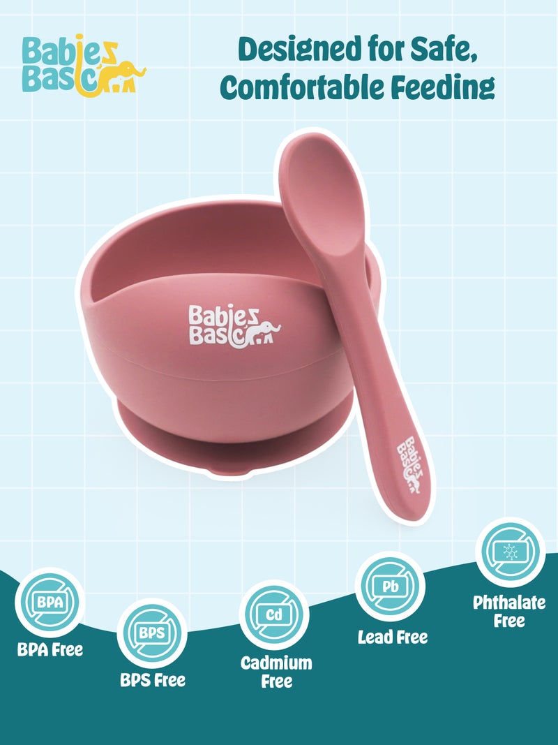 Babies Basic Feeding Set, 2 Piece Silicone Set with Silicone Suction Bowl and Silicone Spoon - Dusty Pink - Image 4