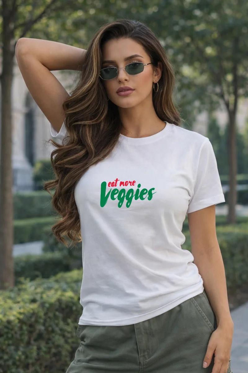 جونبيري JUNEBERRY® Women’s Regular Fit Printed Pure Cotton T-Shirt – Soft Breathable Casual Round Neck Tee, Stylish Everyday Graphic T-Shirt (JB_55_VEGGI_WT_XXL)
