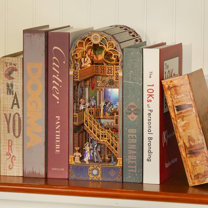 Tonecheer DIY Book Nook Kit for Adults, 3D Wooden Puzzle Bookend Miniature House Kit, Booknook Bookshelf Insert Decor with Dust Cover and LED Lights Gifts (Spacetime Museum) - Image 4