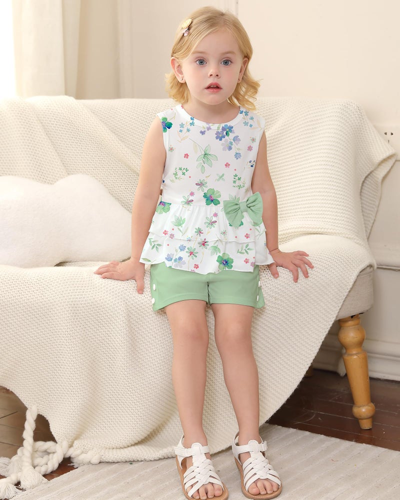 YUEMION Toddler Girl Clothes, 2Pcs Baby Girl Summer Outfits Sleeveless Bow Knot Tank Shirts Tops + Shorts Clothing Sets(Flowers+ Light green, 3-4T) - Image 3