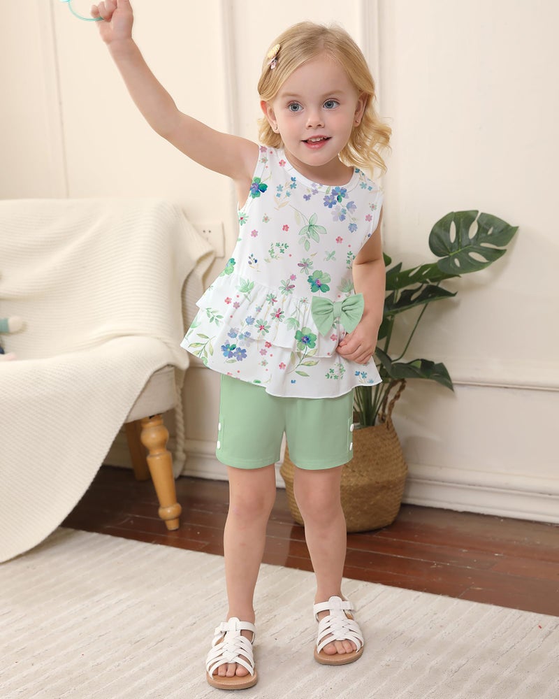 YUEMION Toddler Girl Clothes, 2Pcs Baby Girl Summer Outfits Sleeveless Bow Knot Tank Shirts Tops + Shorts Clothing Sets(Flowers+ Light green, 3-4T) - Image 2