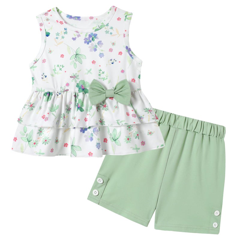 YUEMION Toddler Girl Clothes, 2Pcs Baby Girl Summer Outfits Sleeveless Bow Knot Tank Shirts Tops + Shorts Clothing Sets(Flowers+ Light green, 3-4T) - Image 1