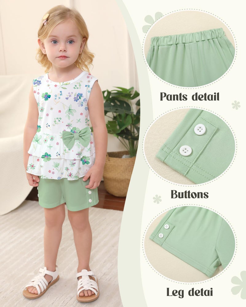 YUEMION Toddler Girl Clothes, 2Pcs Baby Girl Summer Outfits Sleeveless Bow Knot Tank Shirts Tops + Shorts Clothing Sets(Flowers+ Light green, 3-4T) - Image 5