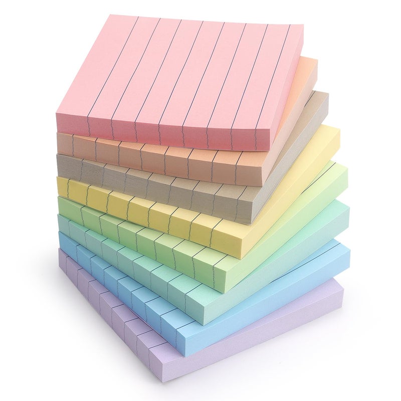Eastern Wolf Lined Sticky Notes 3x3 Inch, 8 Pack, Light Colors, Premium Self-Adhesive Notepads, 640 Sheets, for Office, School & Home Use, Easy to Use, Reusable & Removable - Image 1