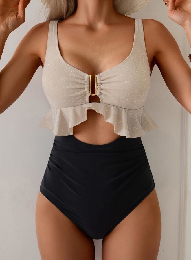 B2prity Womens One Piece Swimsuit Tummy Control Ruffled Bathing Suit V Neck Cutout Swim Suit Tie Back Swimwear, Beige(shine), Black, S - Image 2