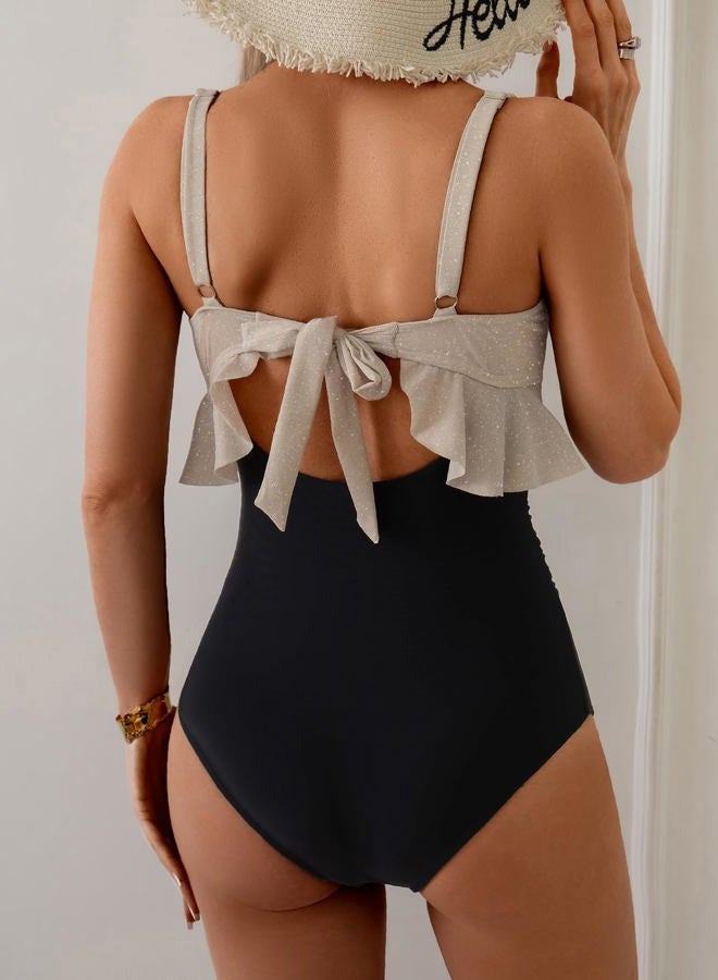 B2prity Womens One Piece Swimsuit Tummy Control Ruffled Bathing Suit V Neck Cutout Swim Suit Tie Back Swimwear, Beige(shine), Black, S - Image 3