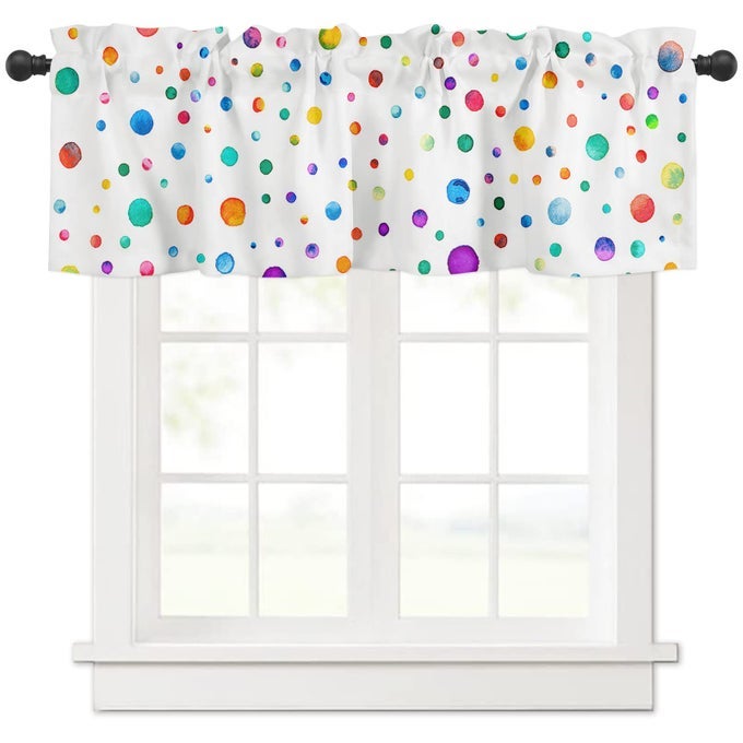 COLORFUL POLKA DOT VALANCES WINDOW TREATMENT FARMHOUSE DECOR WATERCOLOR COLOR POINT ROD POCKET VALANCE CURTAINS FOR LIVING ROOM BEDROOM KITCHEN 54 W X 18 L 1 PANEL