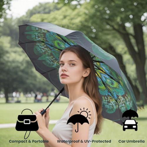 SIEPASA Windproof Travel Compact Umbrella-Automatic Umbrellas for Rain- Folding Umbrella, Travel Umbrella Compact, Small Portable Windproof Umbrellas for Men Women Teenage. (Green Peacock) - Image 2
