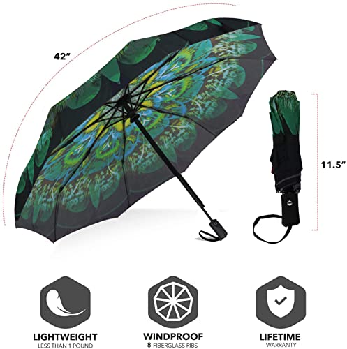 SIEPASA Windproof Travel Compact Umbrella-Automatic Umbrellas for Rain- Folding Umbrella, Travel Umbrella Compact, Small Portable Windproof Umbrellas for Men Women Teenage. (Green Peacock) - Image 4