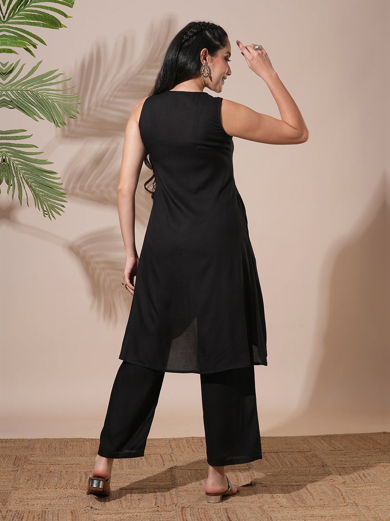 globus Globus Women V-Neck Embroidered & Mirror Work High-Low Hem A-Line Kurta & Trousers - Image 3