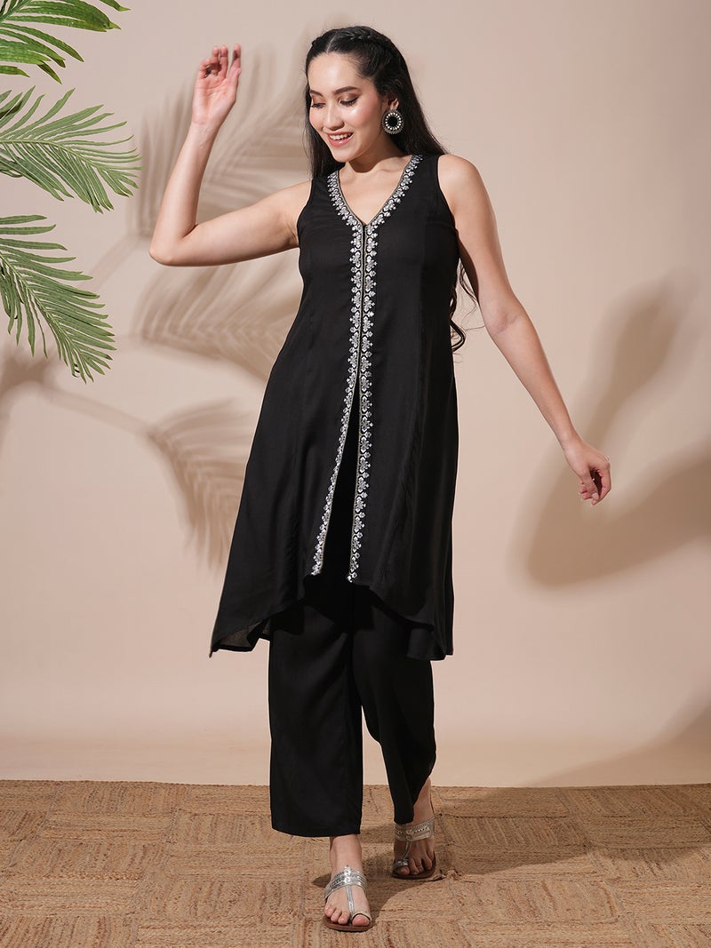 globus Globus Women V-Neck Embroidered & Mirror Work High-Low Hem A-Line Kurta & Trousers - Image 1
