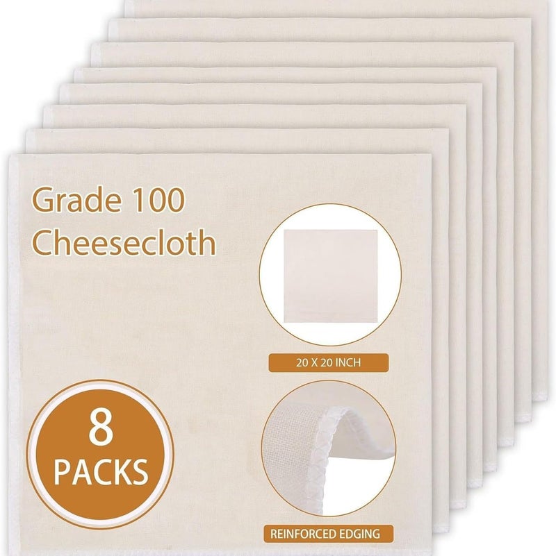 8 Pcs Reusable Cheese Cloths, 20x20 Inch Hemmed Organic Cheesecloth, 100% Cotton Unbleached Cloth Strainer for Coffee Brewing Cooking, Baking, Juicing, Straining, Cheese Making. - Image 1