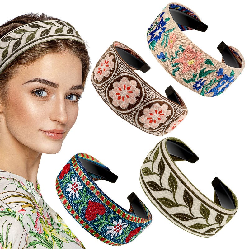 EBOOT 4 Pieces Boho Headband for Women Embroidery Wide Hair Band Bohemia Floral Knotted Wide Headbands Vintage Ethnic Style Girls AccessoriesDelicate Pattern
