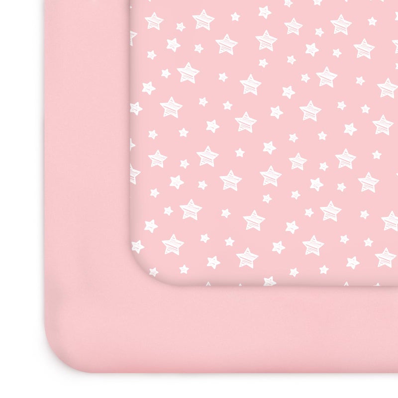 Moonsea Pack and Play Sheets Girl, 2 Pack Mini Crib Sheets, Stretchy Playard Fitted Sheet, Compatible with Graco Pack n Play, Soft and Breathable Material, Pink&Pink Stars - Image 1