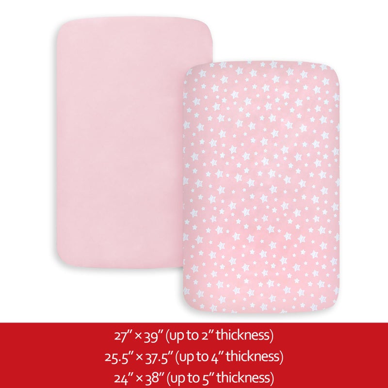 Moonsea Pack and Play Sheets Girl, 2 Pack Mini Crib Sheets, Stretchy Playard Fitted Sheet, Compatible with Graco Pack n Play, Soft and Breathable Material, Pink&Pink Stars - Image 5