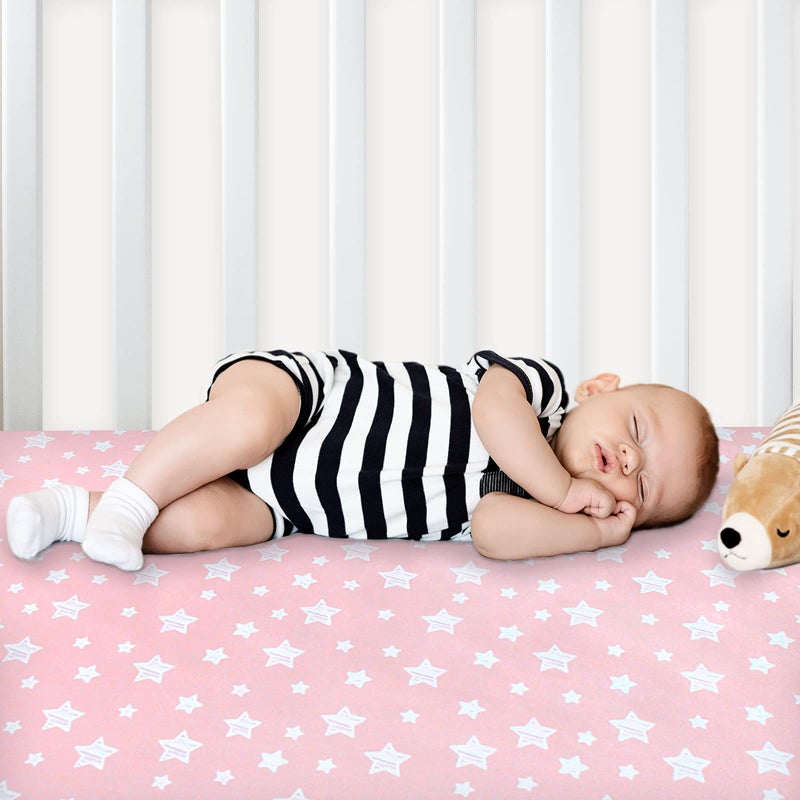 Moonsea Pack and Play Sheets Girl, 2 Pack Mini Crib Sheets, Stretchy Playard Fitted Sheet, Compatible with Graco Pack n Play, Soft and Breathable Material, Pink&Pink Stars - Image 4