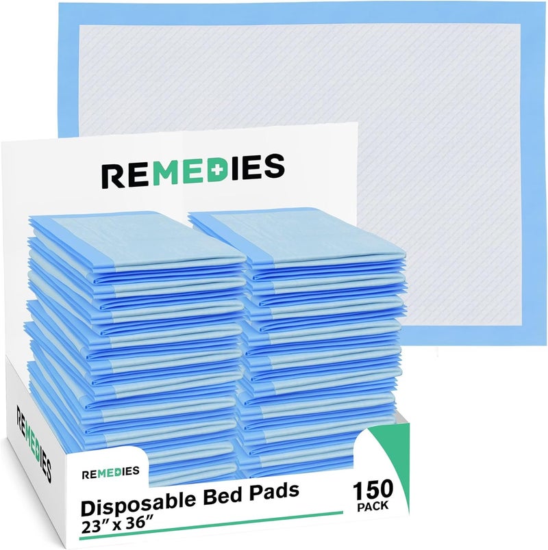 REMEDIES Remedies - Disposable Bed Pads for Adults, Seniors, Kids & Pet Training - 23" x 36" Large Bed Pads - 150 Count - Incontinence Underpads for Beds & Furniture, Puppy Pads, Dog Pee Pads, Dogs Chucks Pads