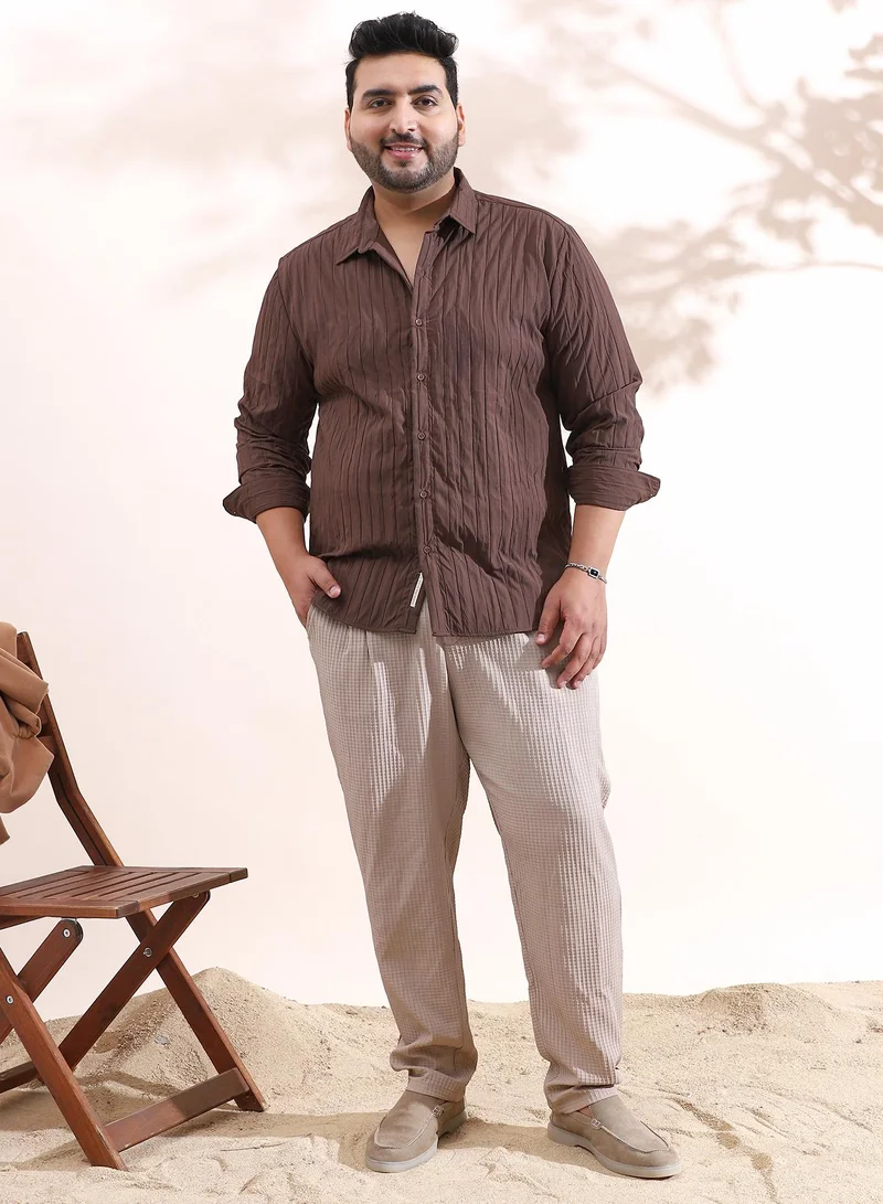 Instafab Plus Instafab Plus Men's Chocolate Brown Quilt-Tactile Shirt For Casual Wear | Spread Collar | Long Cuffed Sleeves | Button Closure | Plus Size Shirt Crafted With Comfort Fit For Everyday Wear