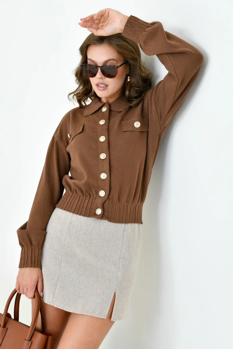 Garmi Women's Cardigan with Embroidered Pocket Detail Brown
