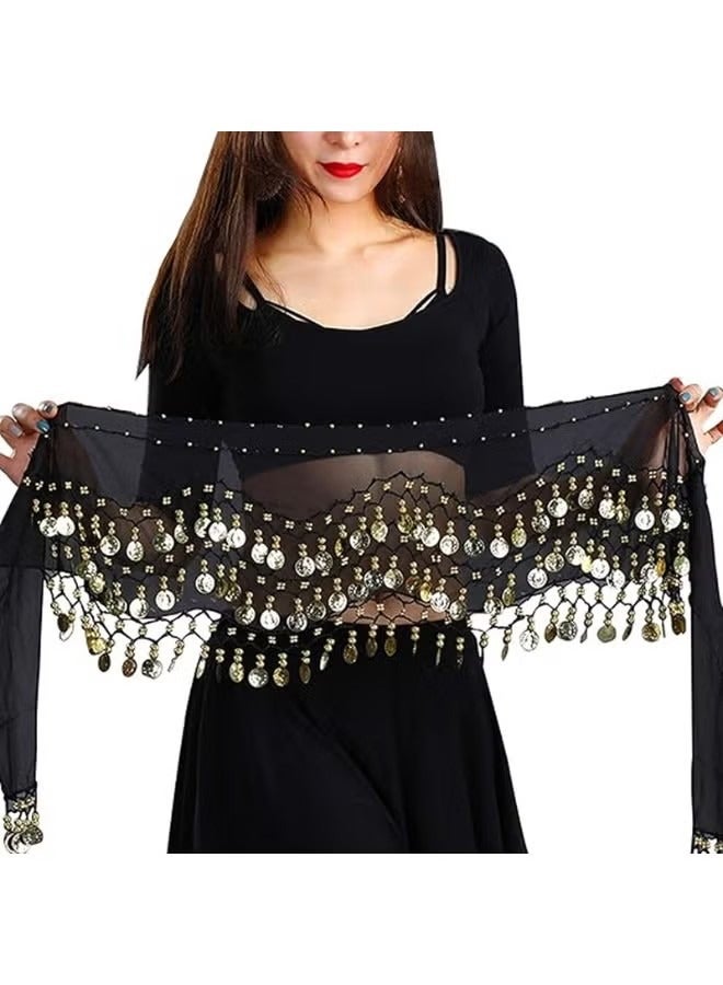 Women Belly Dance Hip Scarfs Chiffon Dangling Belly Dancing Hip Scarf Wrap Skirt Bellydance Waist Belt with Coin Tassel - Image 3