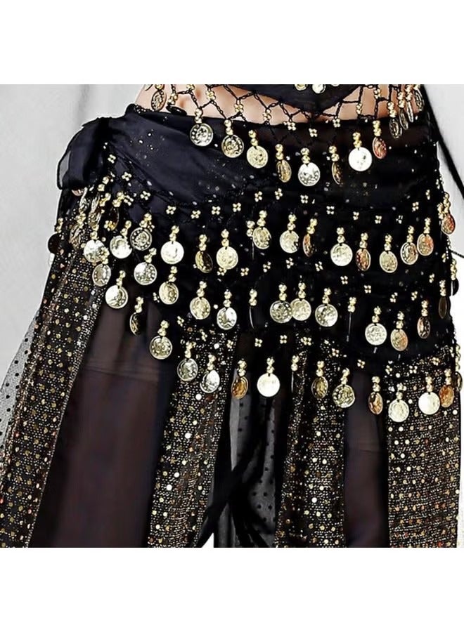 Women Belly Dance Hip Scarfs Chiffon Dangling Belly Dancing Hip Scarf Wrap Skirt Bellydance Waist Belt with Coin Tassel - Image 1