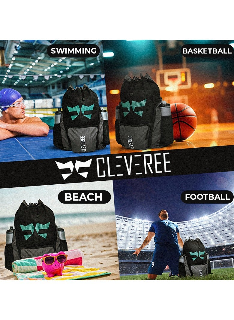 CLEVEREE® Sports Mesh Backpack for Swimming, Football, Beach. Basketball, Gym - Breathable - Waterproof pocket - Shoe Compartment Pocket (Midnight Strike) - Image 2