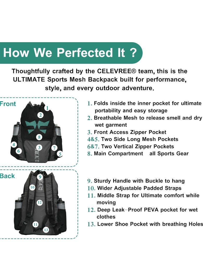 CLEVEREE® Sports Mesh Backpack for Swimming, Football, Beach. Basketball, Gym - Breathable - Waterproof pocket - Shoe Compartment Pocket (Midnight Strike) - Image 5
