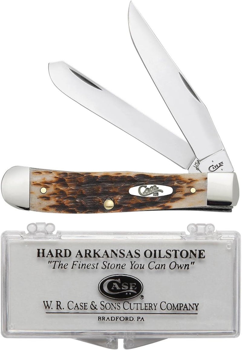 Case XX WR Pocket Knife Trapper Amber Jig Bone Stainless Steel Blades W/Sharpening Stone (6254 SS) - Length Closed: 4 1/8 Inches - Image 1
