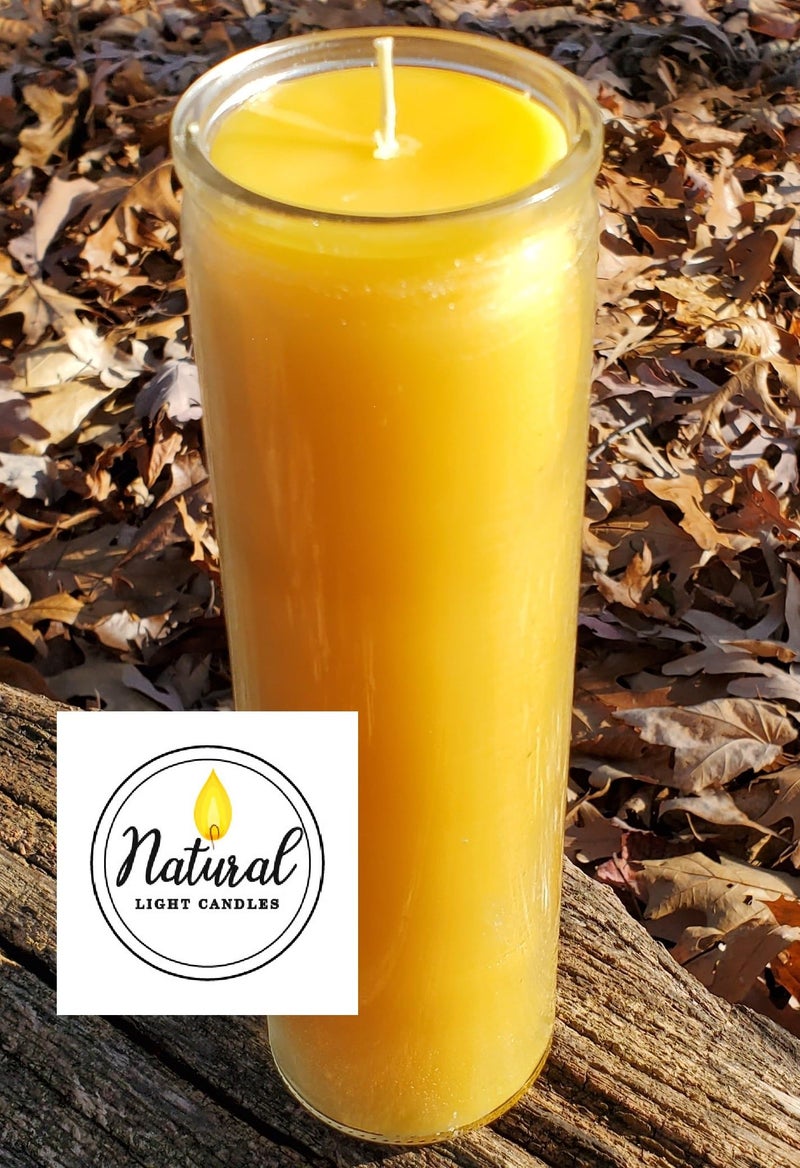 Natural Light Pure Beeswax Candle Made in USA Vigil, Meditation, Prayer, Devotional, Pillar in a Glass. Burns up to 100 Hours. - Image 1