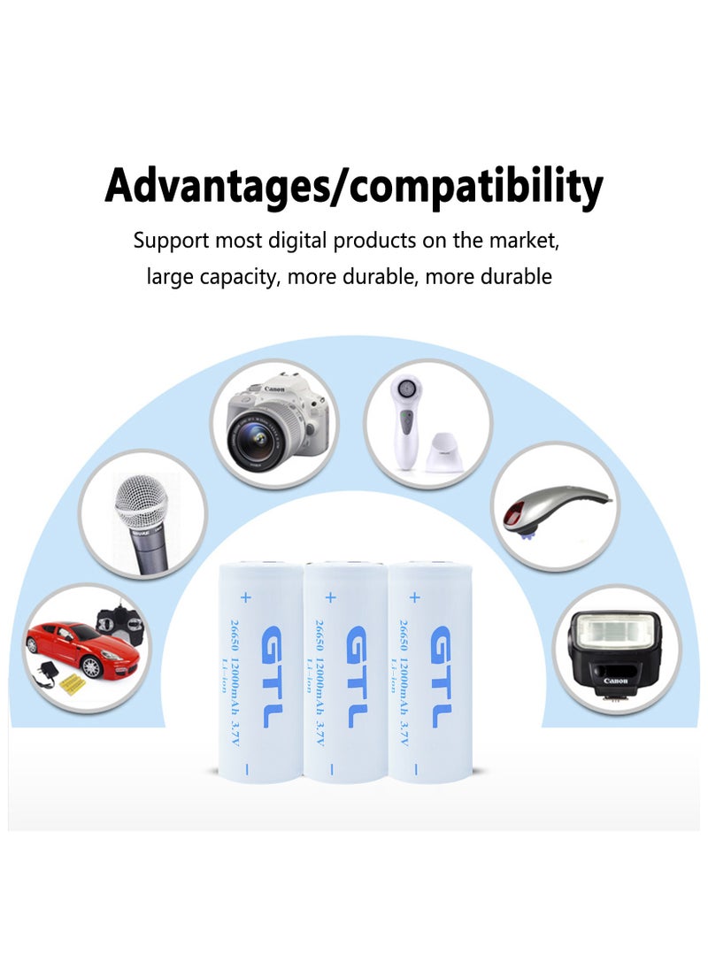 Generic 2PCS Rechargeable Battery(Flat Top),2 Pack 12000mAh 3.7V Li-ion 26650 Battery(not AA/AAA Battery) for Led Flashlight  - Image 3