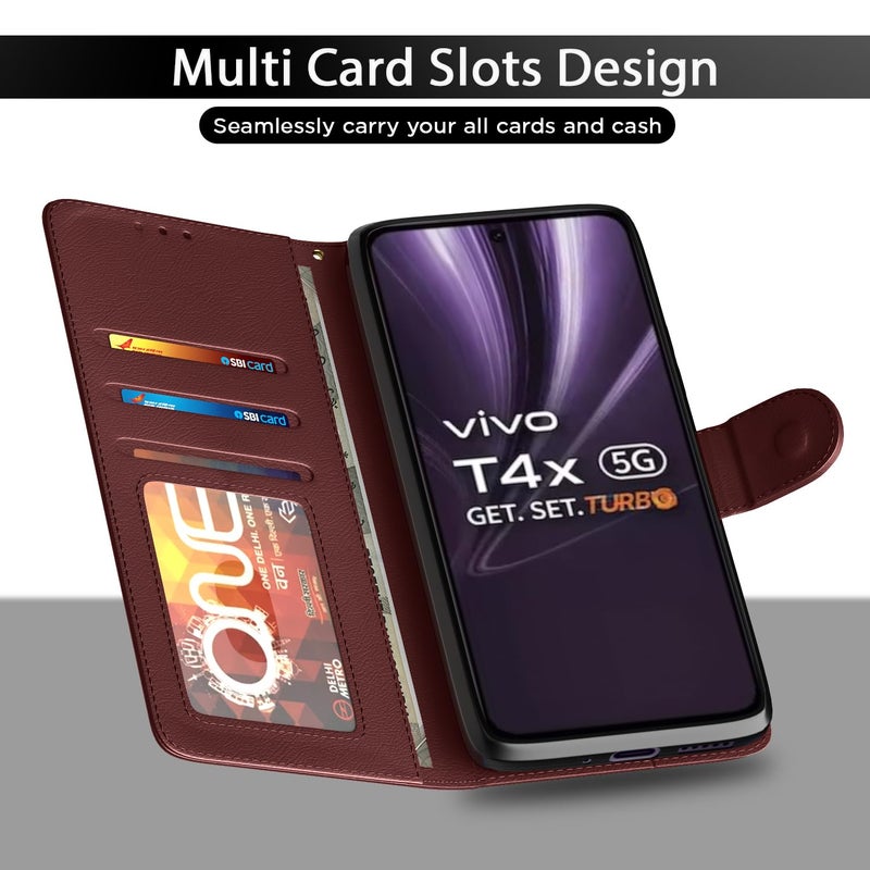 Pikkme غطاء فليب بيكم لفيفو T4x 5G / iQoo Z10x 5G بتشطيب جلد | داخل TPU مع جيوب بطاقات | حامل محفظة ومضاد للصدمات | حماية كاملة غطاء فليب (بني) - Image 5