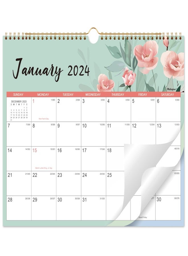 ماكابو تقويم 2024 - تقويم حائط 2024، تقويم شهري من يناير 2024 إلى ديسمبر 2024، تقويم حائط 2024 بتجليد حلزوني مزدوج، 12 بوصة × 17 بوصة، خطاف تعليق + تواريخ جوليان - بنقشة زهور - Image 1