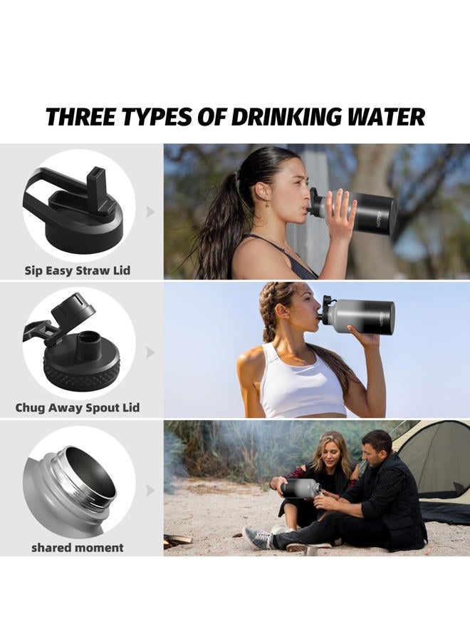 WATERSY 64oz Insulated Water Bottle (Cold for 48 Hrs),BPA Free&Leak Proof,Half Gallon Stainless Steel Water Flask,Water Jug with Straw Spout Lids for Gym,Hiking,Camping,Grey Black - Image 3